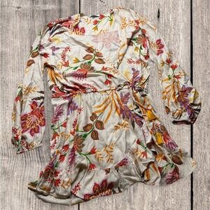 Blue Island Women's Boho Floral Wrap Dress Size M Beige Multicolor‎ Ruffle Hem